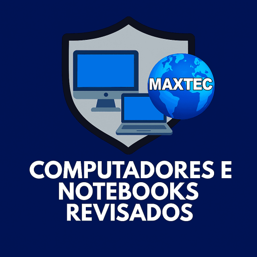 logo da categoria computadores e notebooks revisados maxtec com escudo, computador e notebook ilustrados